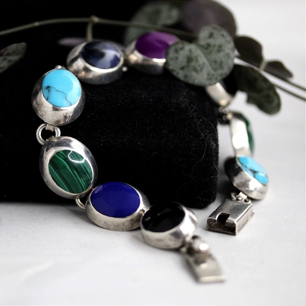 VTG Heavy Taxco Sterling Silver Multi Stone Link Bracelet 8.25in 34.2g Mexico